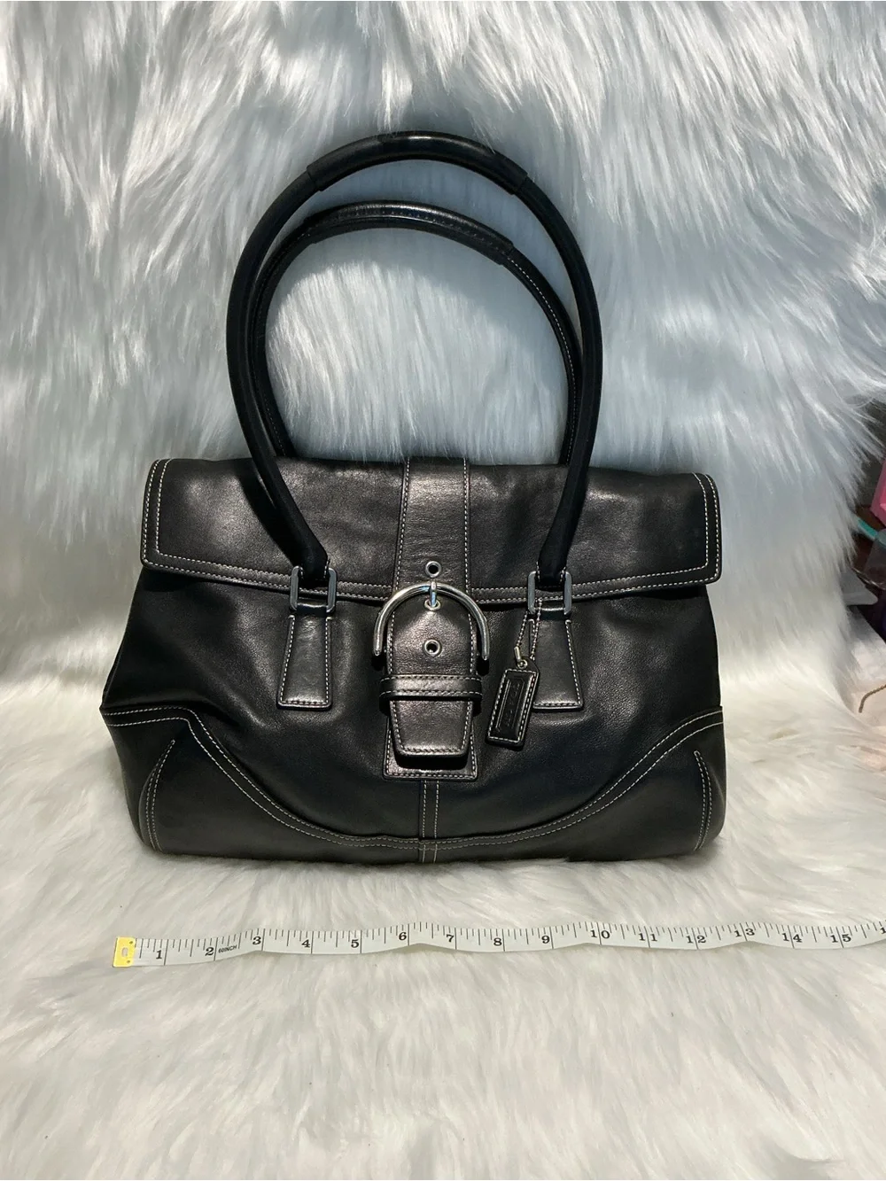 Coach Hampton Soho Flap Handbag Purse 9550 Black Leather Belt Buckle Y2k Vintage